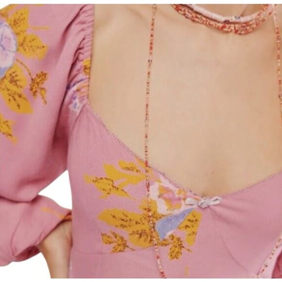 Free People Francesca Floral Puff Long Sleeves Mini Dress Rose Pink Size Large - Picture 2 of 12